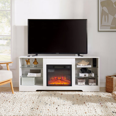 TV Stand For Tvs Up To 62" Electric Fireplace Glass Shelves, 3D Fireplace TV Stand With LED Lights Wood With USB Charging Outlet Modern Television Tab by Ivy Bronx