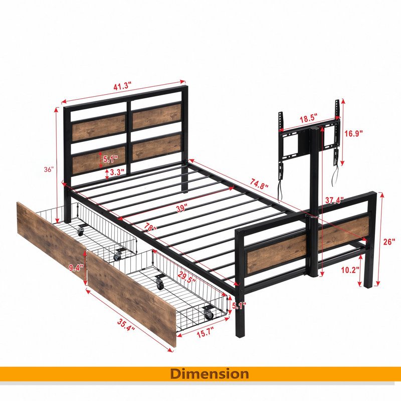 Lit plateforme simple en métal avec tête et pied de lit en panneau de fibres à densité moyenne