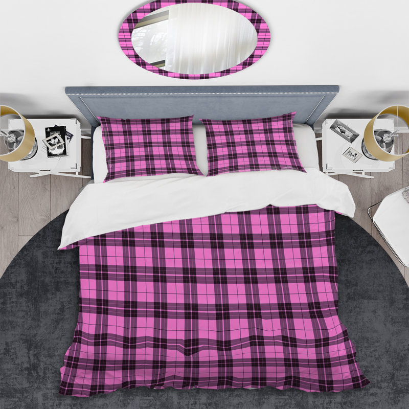 Tartan à carreaux rose et noir - Ensemble de housse de couette abstrait - Microfibre de polyester