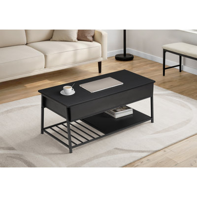 Table basse, L 42 po, cocktail, plateau relevable, rectangulaire, rangement, salon, stratifié noir, métal noir, contemporain, moderne