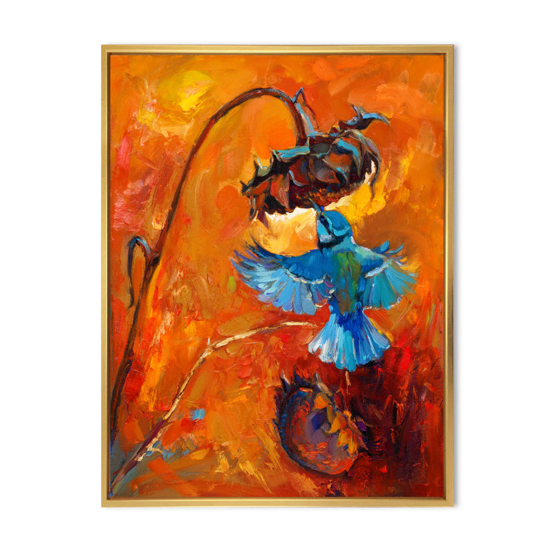Colibri bleu sur fond orange - peinture sur toile, Cadre flottant doré, H 32 po x l 16 po x P 1 po