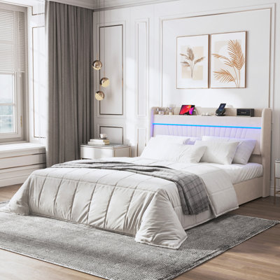Lit moderne, cadre de lit avec tête de lit tapissier avec rangement et 4 tiroirs, lit plateforme tapissier en velours avec lumières DEL et station de charge, assemblage stable et facile, aucun sommier tapissier requis