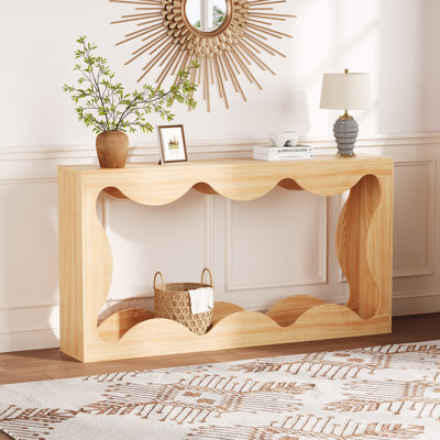 63 Inch Farmhouse Scalloped Console Table for Entryway, Narrow Wood Sofa Table Behind Couch with Storage, Rustic Hallway Furniture for Living Rooms Apartments, Natural