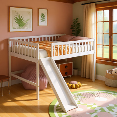 Full Size Low Loft Bed with Slide and Ladder, Solid Wood Kids Loft Bed with Fun Slide, Space-Saving Design for Small Bedrooms