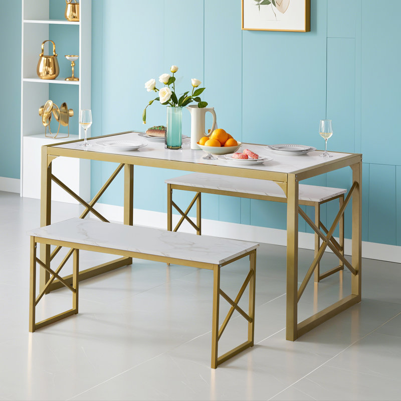 Ensemble de table de salle à manger Aithan 3 pièces 43,3 pouces avec bancs, ensemble de table de cuisine rustique pour petits espaces, ensemble de salle à manger de style campagne moderne avec banc pour cuisine et salle à manger