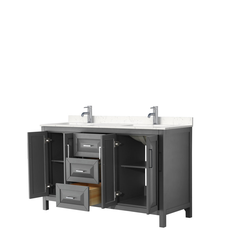 Ensemble de meuble-lavabo double 60 po Daria, Marbre de culture de Carrare, Gris foncé, Chrome poli