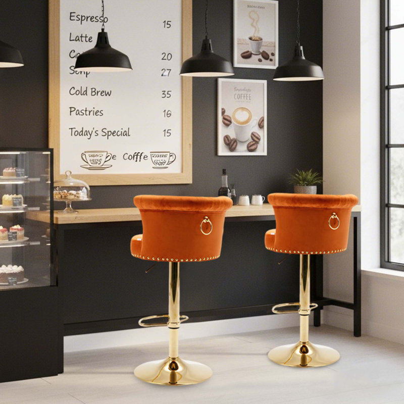 Modern Glam Set of 2 Tufted Velvet 360° Swivel Adjustable-Height Bar Stools with Gold Nailhead Trim for Kitchen Island and Home Bar