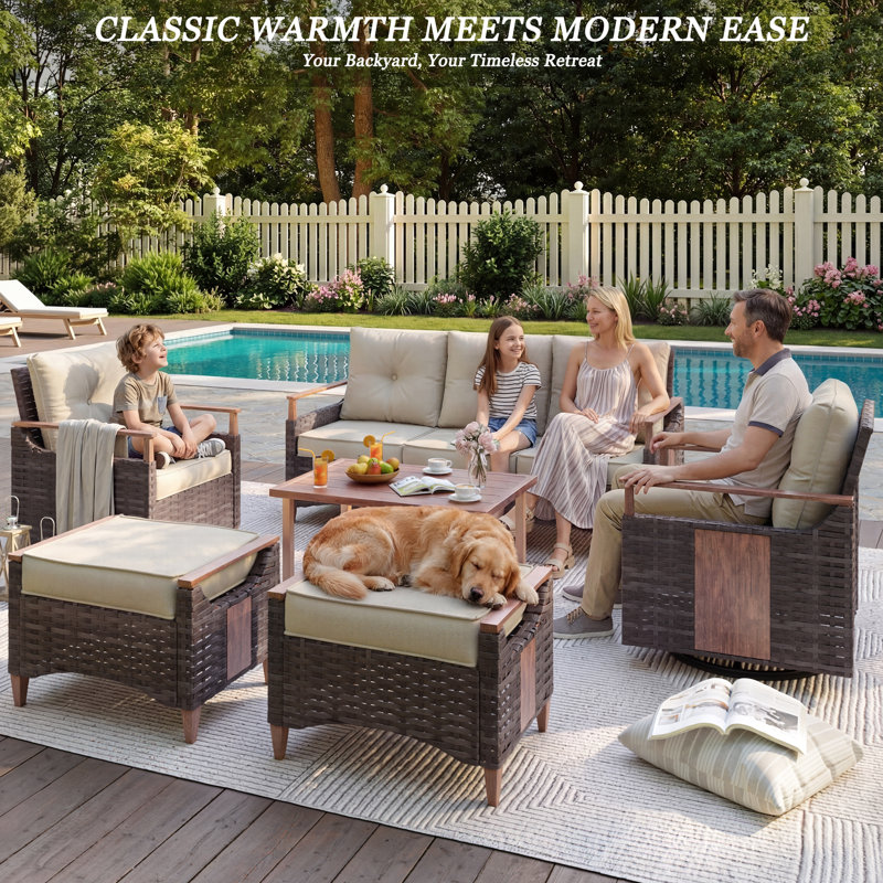 Melvarn 5-Person Outdoor Wicker Swivel Glider Chairs Patio Conversation Sets With Cushions, Beige