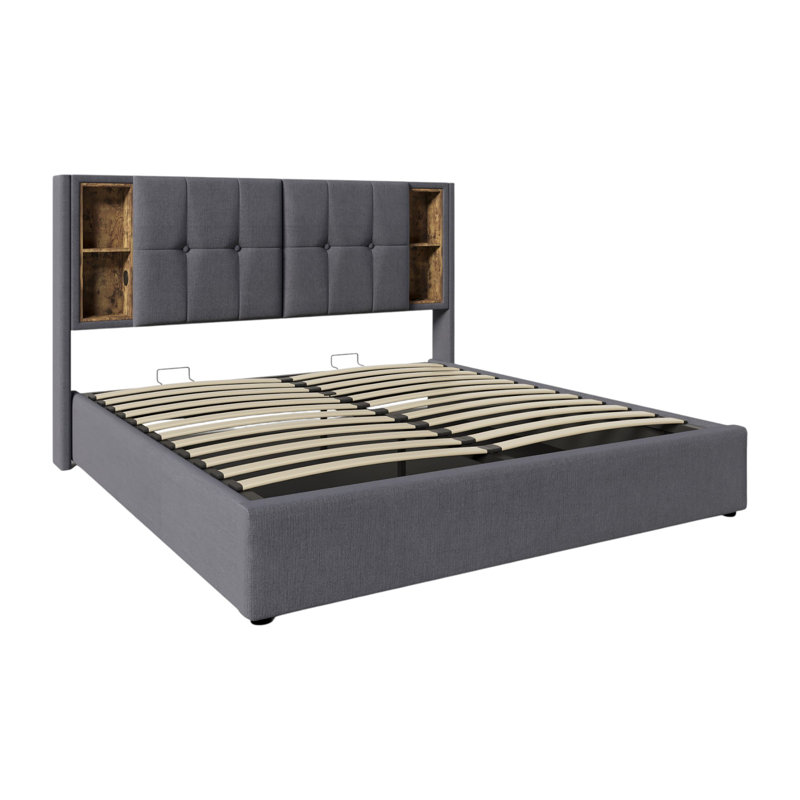 Linen Fabric 135 X 190Cm 4FT6 Double Bed Frame With Wireless Charging(USB Type-C), Hydraulic Storage Bed With Hydraulic Lever (No Mattress)