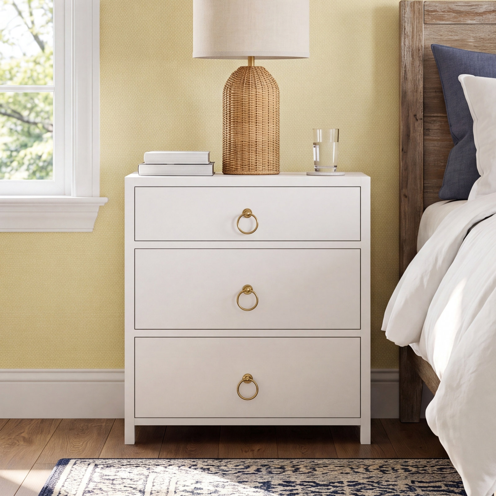 Elin 3-Drawer Acacia Nightstand, White