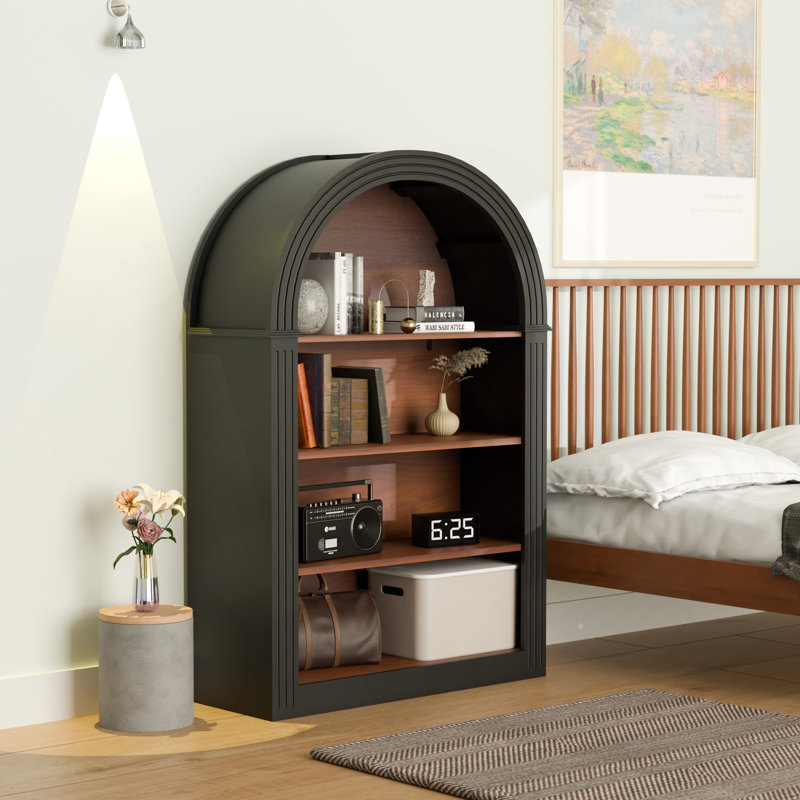 Bibliothèque, bibliothèque haute à 4 tablettes, bibliothèque arquée à plancher en bois de 45,66 po, grand rangement pour bibliothèque, chambre à coucher et salon (noir)