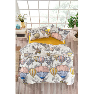 Premium Single Quilt Cover Set, Mustard & White, Grey & Pink | 65% Cotton / 35% Polyester, Duvet Cover 63.0 x 86.6 in, Fitted Sheet 39.4 x 78.7 in | Machine Washable, 120 Thread Count, Button & Envelope Closure