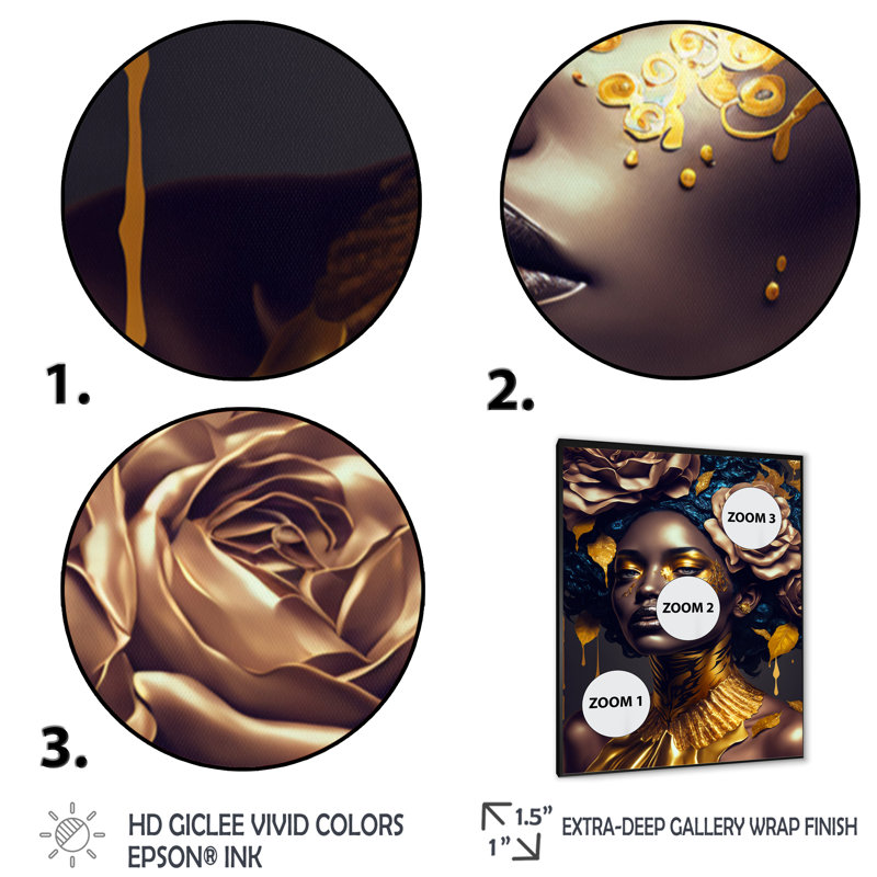 Fleurs dorées et noires de la femme VII, H 40 po x l 30 po x P 1,5 po, Impression noire sur toile encadrée