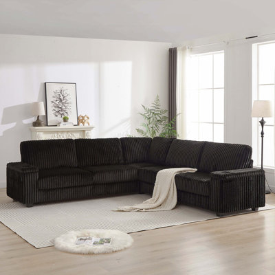 Canapé d'angle surdimensionné en L 110 po en velours côtelé avec rangement, ports USB / Type-C et porte-gobelet, canapé rembourré à siège profond pour le salon (non modulaire)