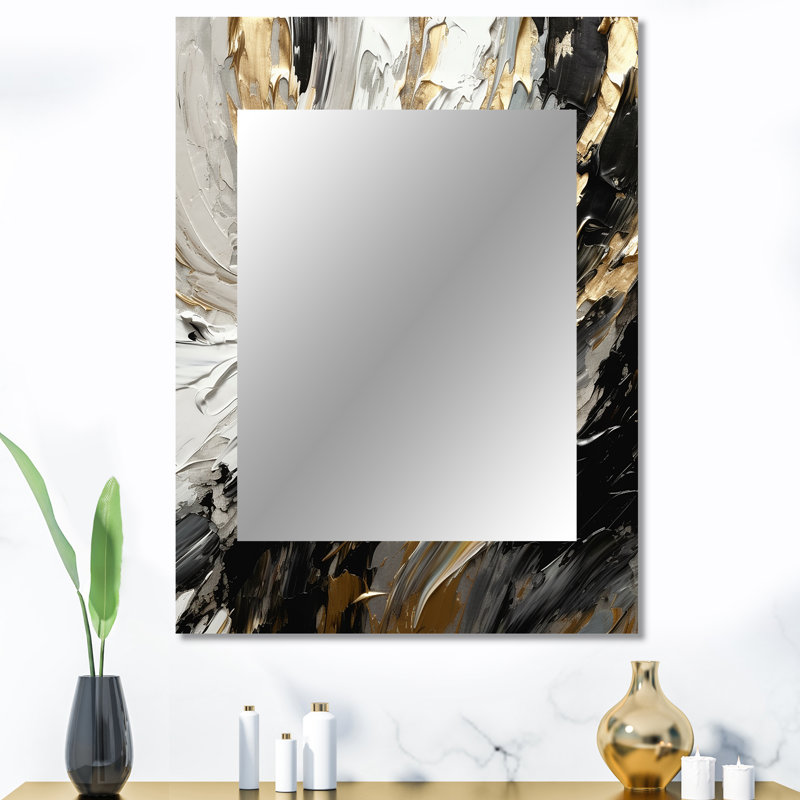 Exquisite Darling Gold Abstract Wave On Black III - Abstract Painting Wall Mirror, Modern Decorative Mirror, Printed Metal Art