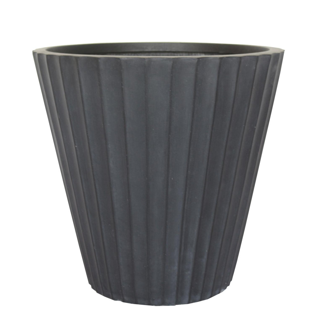 Concrete Effect Round Planter, Vintage Style Flower Pot, Frostproof Outdoor Plant Pot with Ribbed Pattern, Black Round Garden Planter with Drainage Ho
