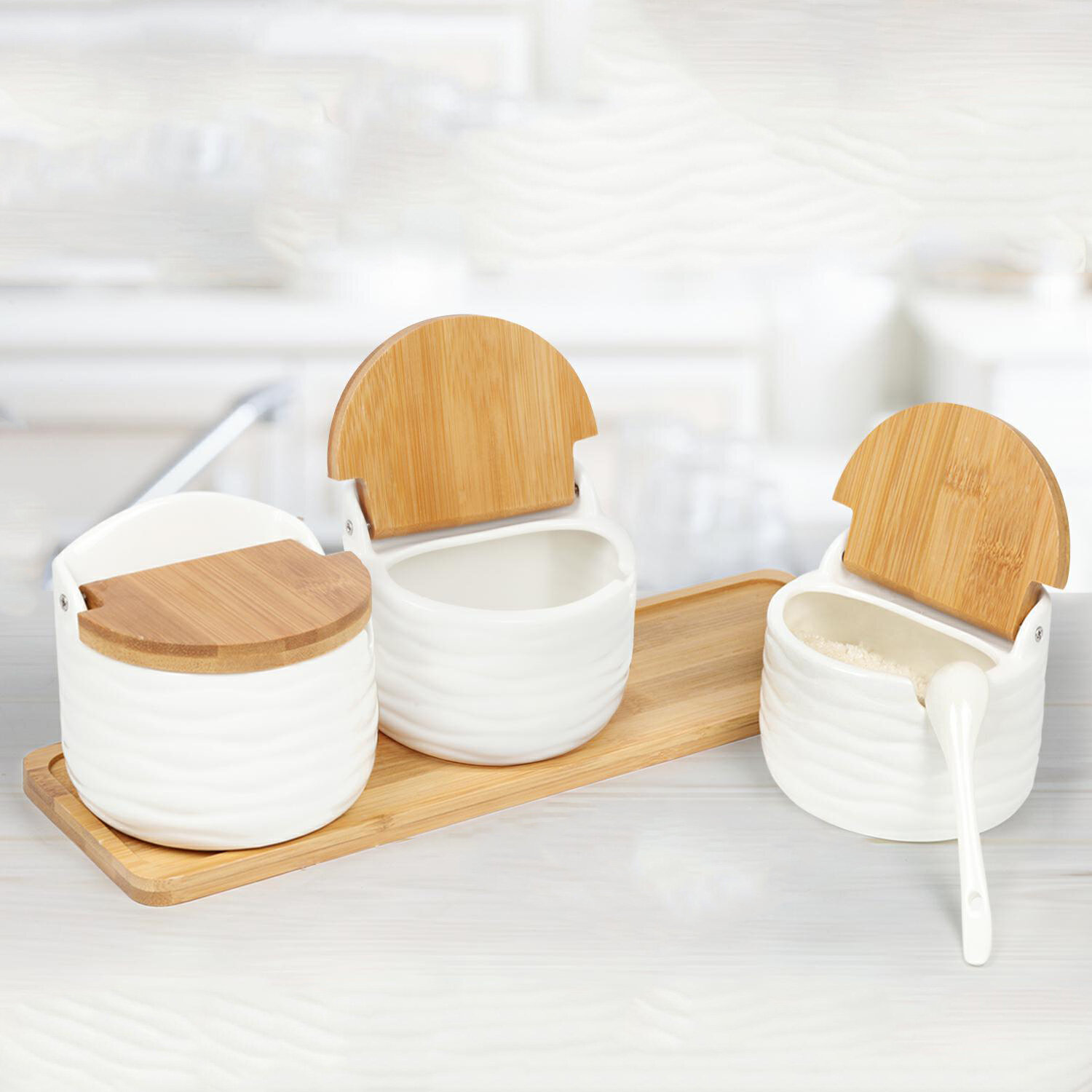 Ceramic Sugar Bowls Set of 3 Condiment Jar Spice Container with Bamboo Lids and Spoon Seasoning Pots CELLPAK