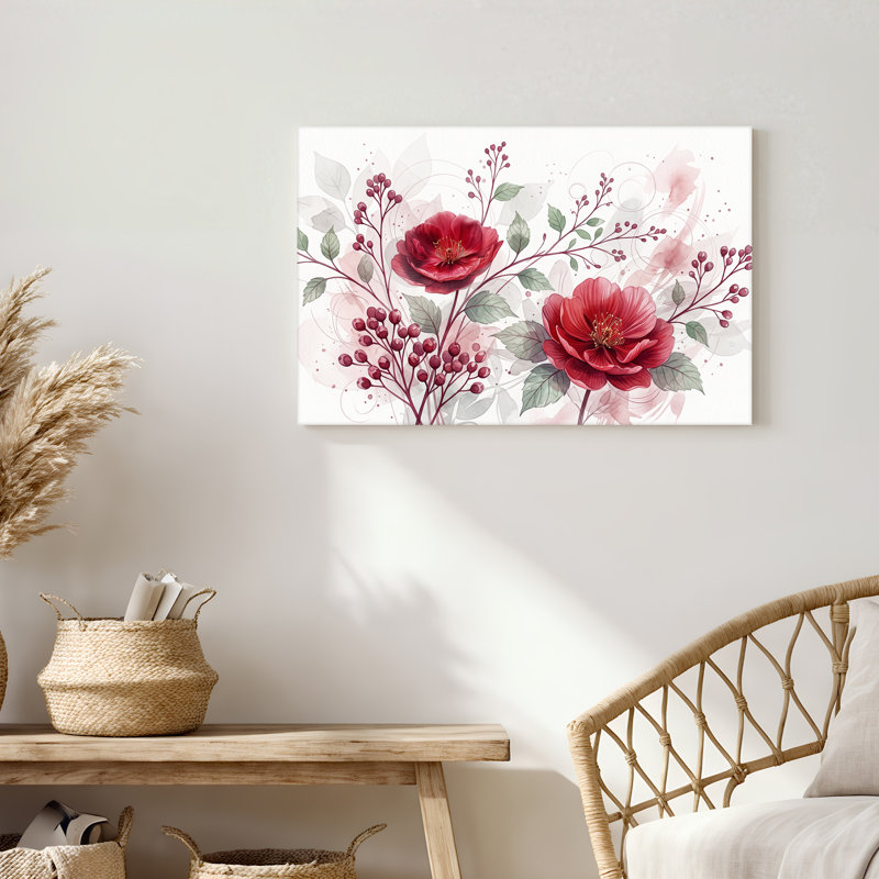 Tableau sur toile représentant des fleurs et des baies rouges avec des feuilles vertes, 16"H x 24"W