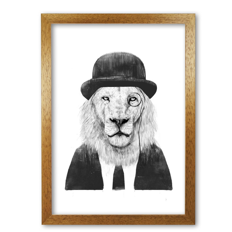 Sir Lion by Mercedes Lopes Charro - Single Picture Frame Print, 59.4 cm H x 42 cm W x 5 cm D, Honey Oak