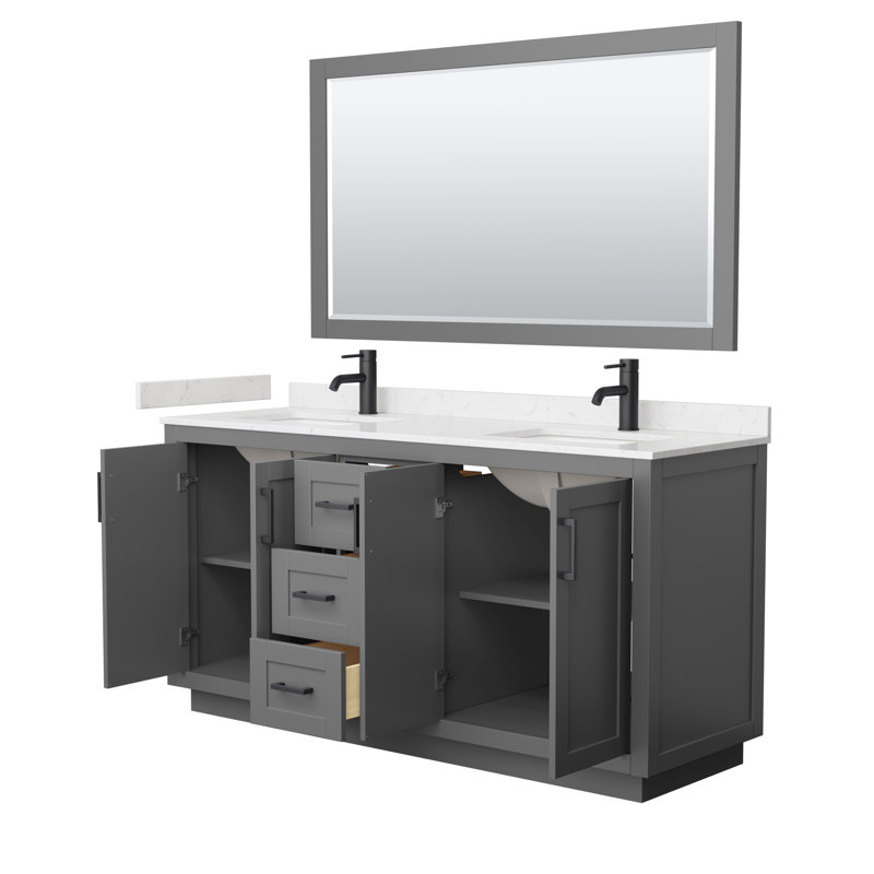 Miranda 66" Freestanding Double Bathroom Vanity with Cultured Marble Top with 58" Mirror, Matte Black, Dark Gray