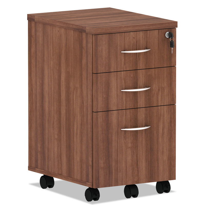 Walnut 3-Drawer Mobile Lockable Legal Size Pedestal Cabinet