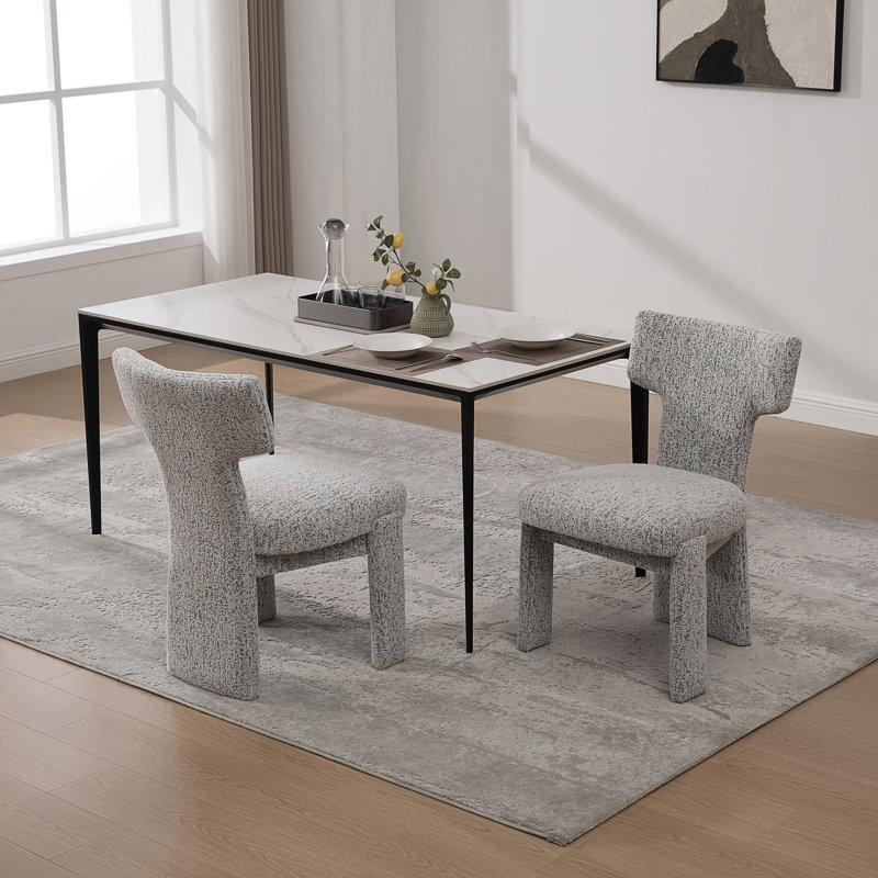 Chaise de salle à manger rembourrée en chenille de 22,05 po de largeur avec pieds en bois d'hévéa, Blanc/Noir