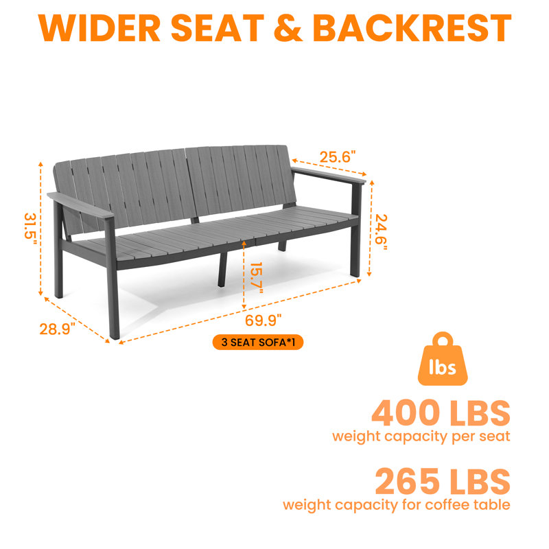  Outdoor Aluminum Sofa, All-Weather Outdoor Seating Sofa Aluminum Frame HDPS Faux Wood, Patio Sofa Couch for Porch, Balcony, Deck, Yard