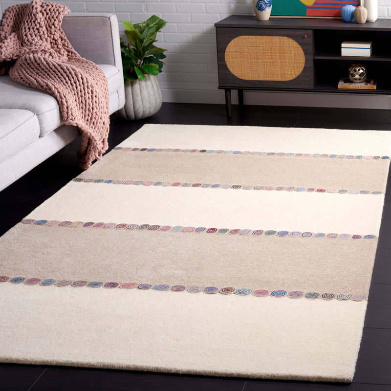 Krislee Hand Tufted Wool/Cotton Striped Rug in Beige/Ivory, Rectangle 5' x 8'