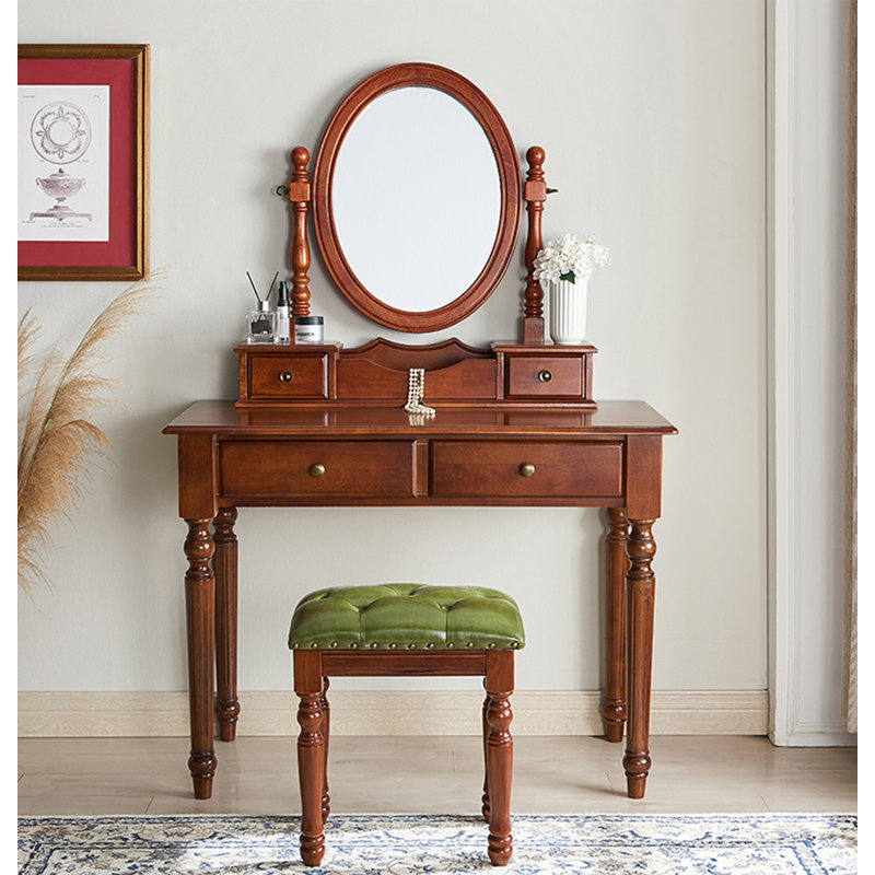 Coiffeuse vintage en bois d'hévéa massif avec rangement à tiroirs pour la chambre à coucher