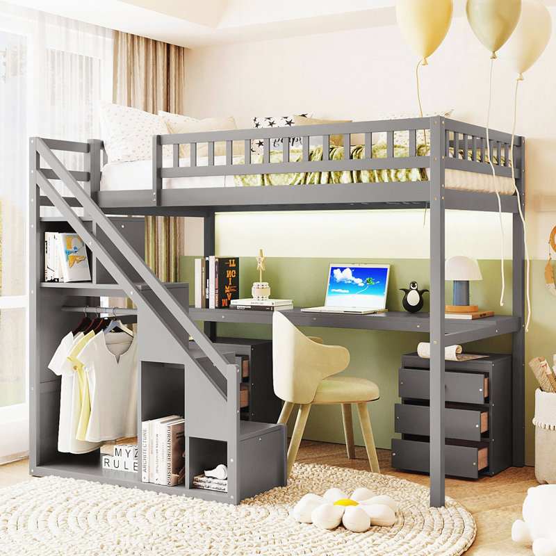 Loft Bed With Two Chest Of Drawers, Desk And Light Strip, Gray, Twin