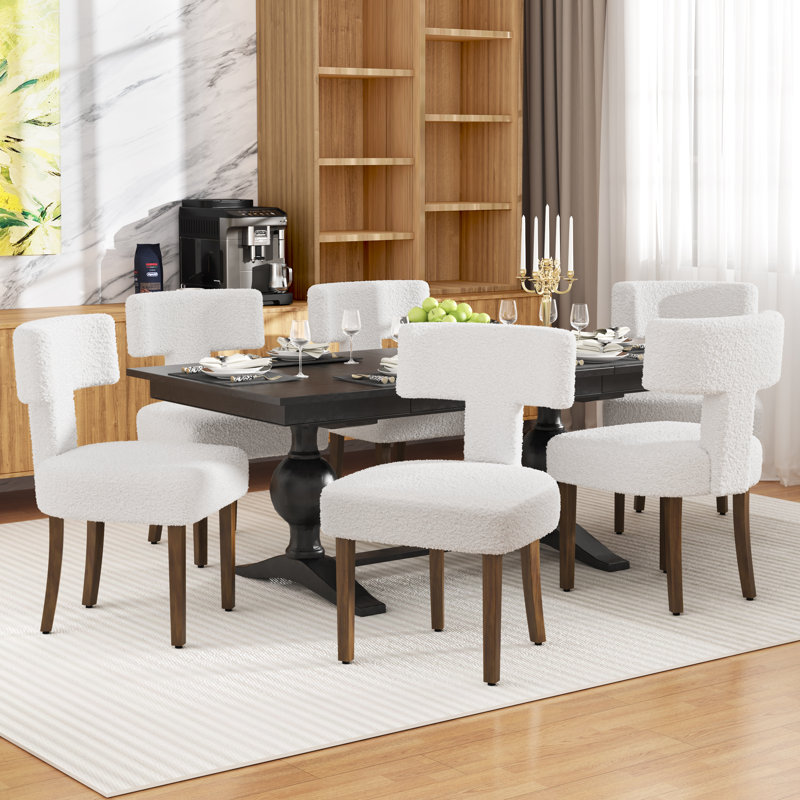 Boucle Lamb T-Shape Dining Chairs Side Chairs (Set of 6), Beige