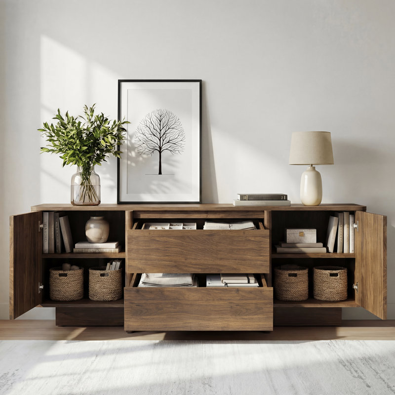 Aureon 62" Modern Arc TV Stand With Handleless Design & Adjustable Shelves,Fits Tvs Up To 70", Walnut