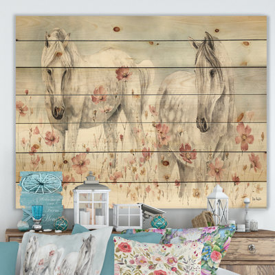 Watercolors Pink Wild Horses - Farmhouse Print on Natural Pine Wood