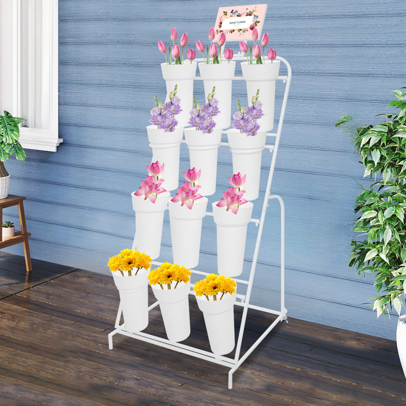 Présentoir à fleurs 4 couches avec 12 seaux en plastique, Blanc