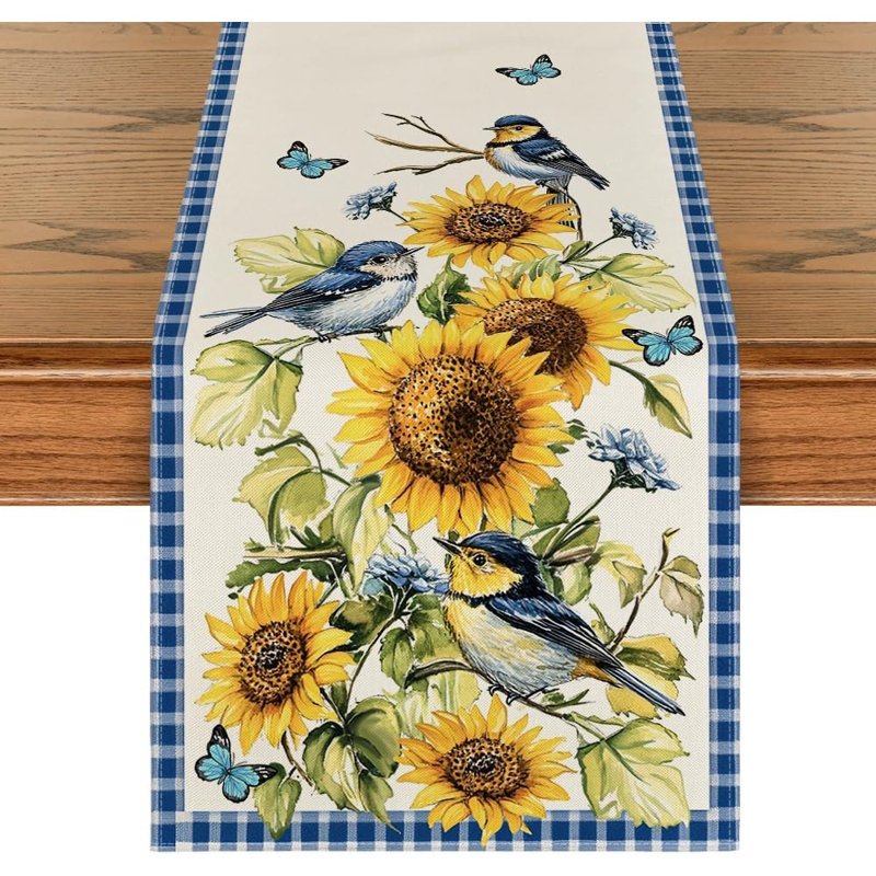 Chemin de table Spring avec carreaux Buffalo, oiseaux, papillons et tournesols - multicolore, Bleu, L 7,4 po x l 9,3 po