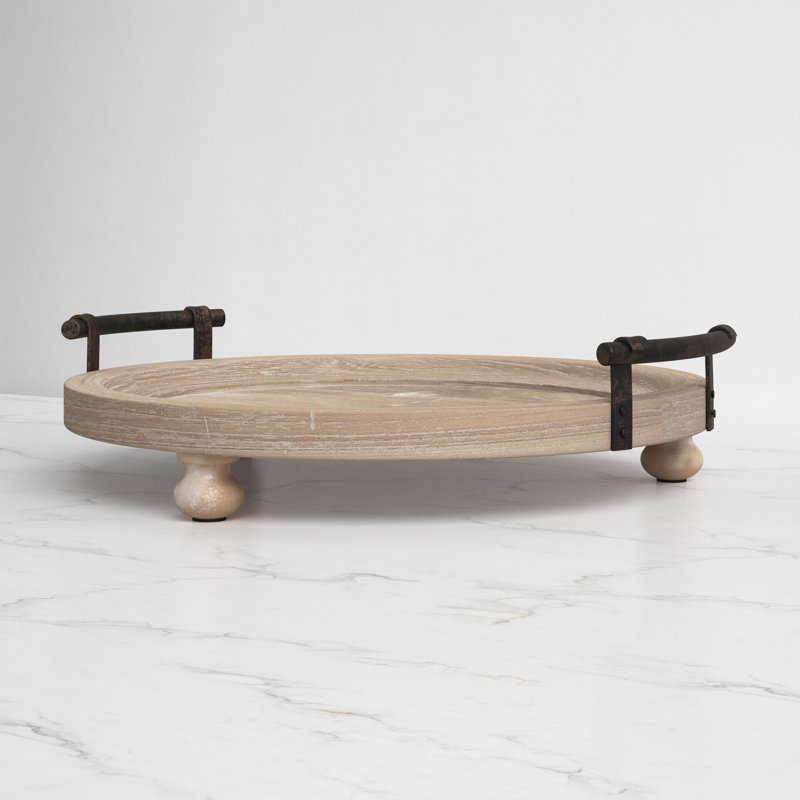 Rustic Finish Round Wooden Footed Tray with Vintage Black Handles, 15-inch