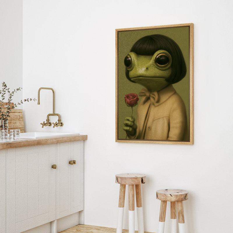 «Whimsical Frog Portrait with Rose», reproduction d'art sur toile encadrée, H 36 po x l 24 po x P 1,5 po, Naturel