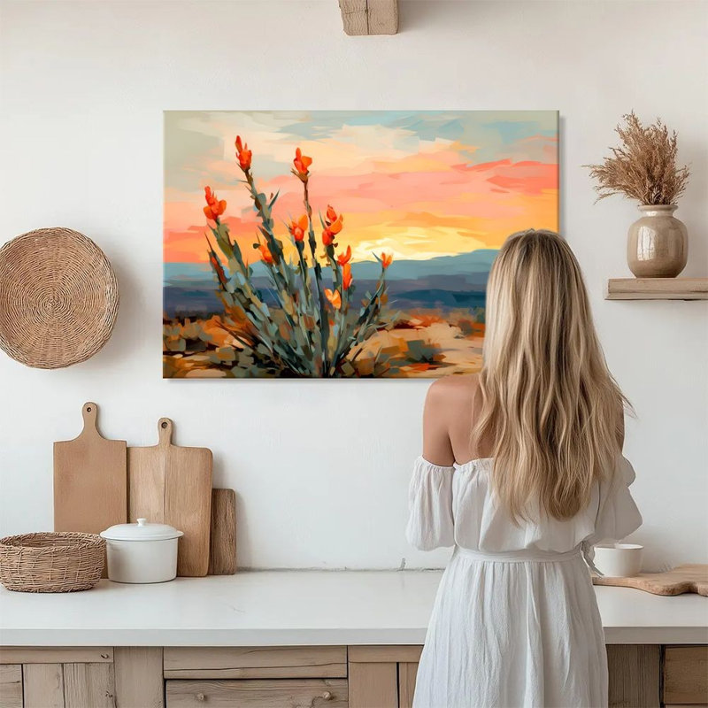 Tableau sur toile - Coucher de soleil dans le désert avec bouquet de fleurs orange, style impressionniste - 61 x 91 cm pour salon et chambre