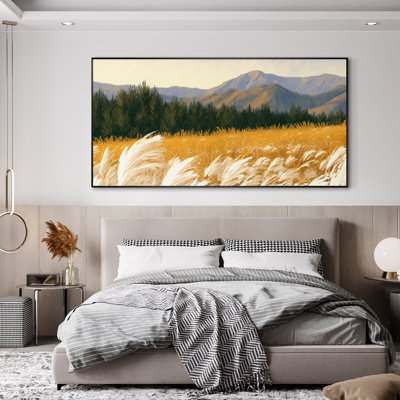 Très grande reproduction d'art sur toile - paysage de pelouse dorée avec fond de montagne et décor de décor naturel pour le salon ou la chambre à coucher "Assemblage requis (cadre non fini)"