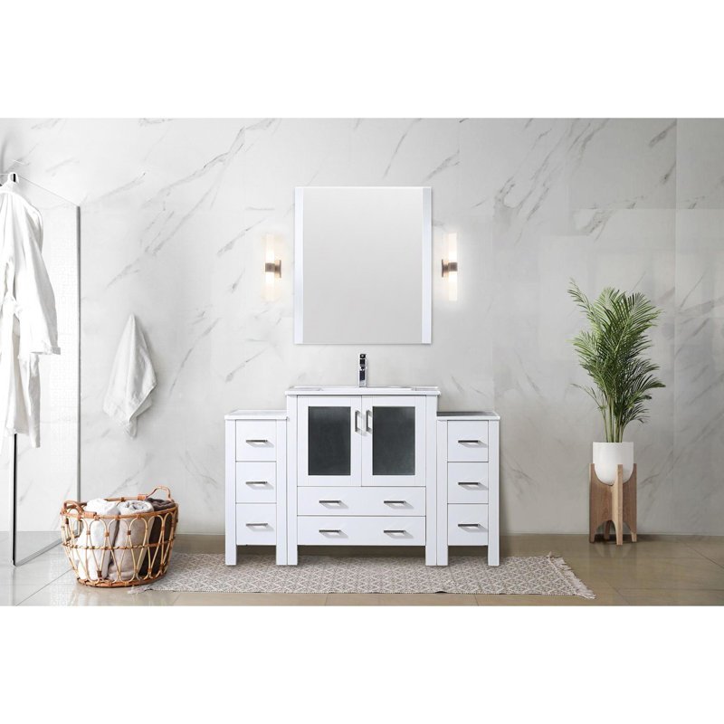 Meuble-lavabo blanc 54 po L avec armoires latérales, robinet, surface en céramique et miroir de 28 po - Résistance aux taches longue durée x P 18,25 po, surface à gratter
