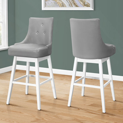Bar Stool, Set Of 2, Swivel, Bar Height, White Wood, Grey Leather Look, Transitional