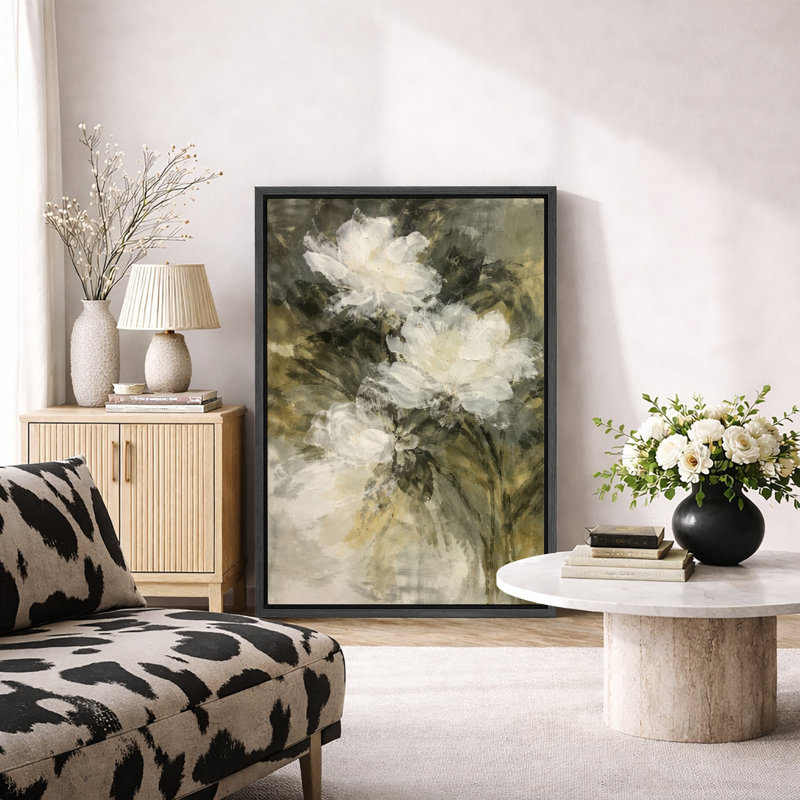 Art floral botanique blanc doux, photos de salon, impression sur toile encadrée, H 36 po x l 24 po, Cadre flottant noir
