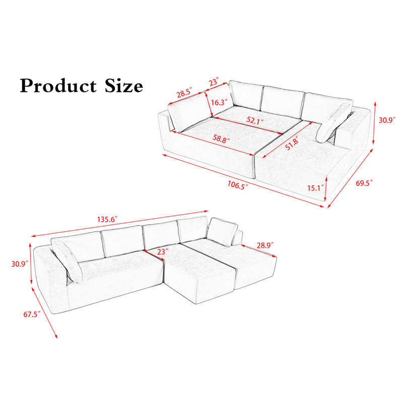 Lavatrice Upholstered L-Shaped Sectional, Beige Polyester