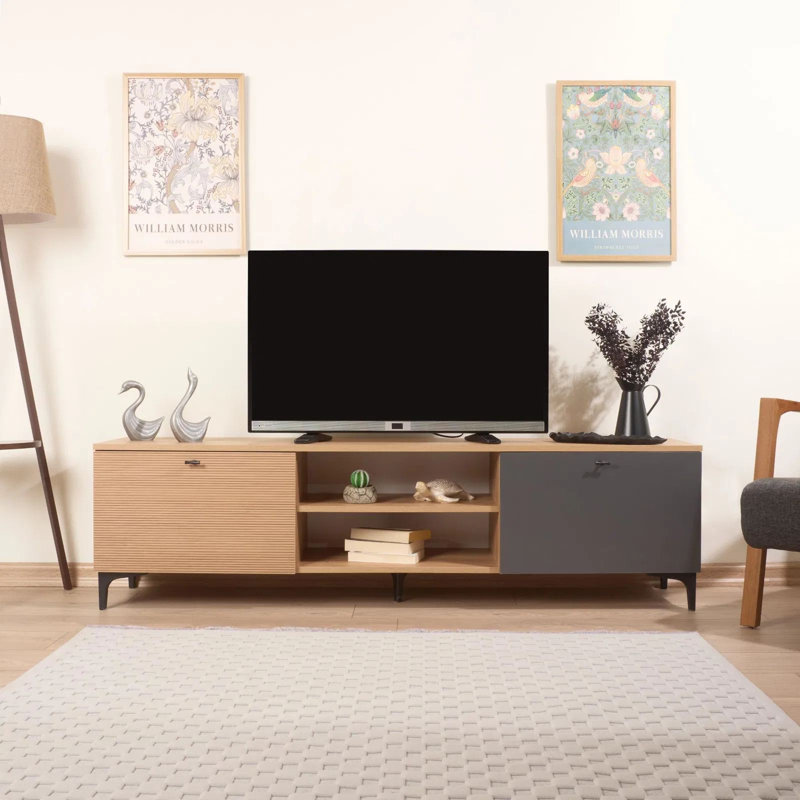 Meuble télé moderne, chêne et anthracite, 70,9 po x 19,7 po x 15 po | Panneau de particules 100% mélaminé, épaisseur: 0,7 pouce | Bandes de chant en PVC durable, design élégant et fonctionnel pour le salon, assemblage facile