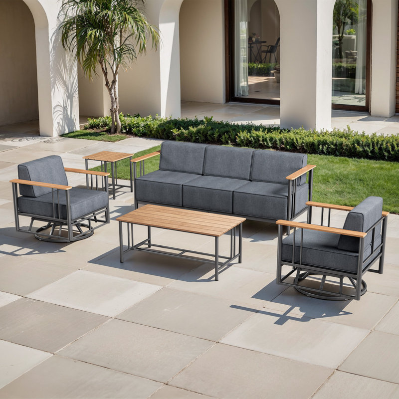 Coan Archlebov 5 Person Outdoor Patio Conversation Set Seating Group With Table And Swivel Chairs, Gray Cushion/Black Frame