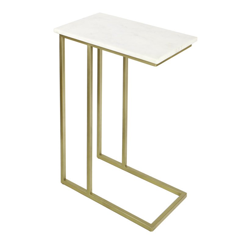 Caius 24.25" Modern White Marble Top C-Shaped End Table with Matte Gold Metal Base, Fully Assembled Slide Under Sofa Drink Table