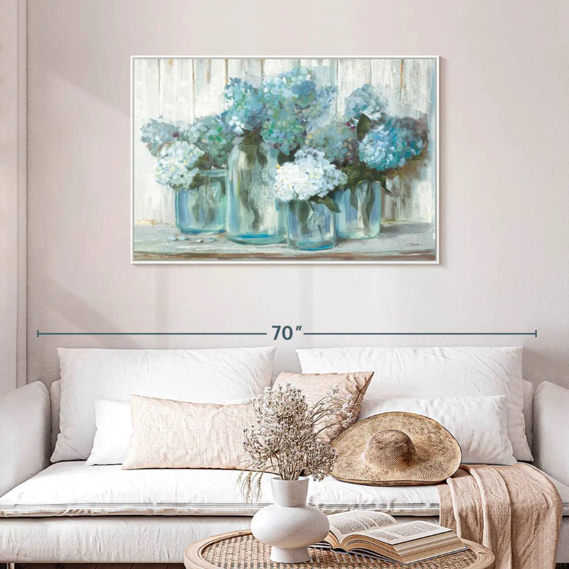 Hortensias en pots de verre bleus, 40 po x 27 po, Cadre flottant blanc