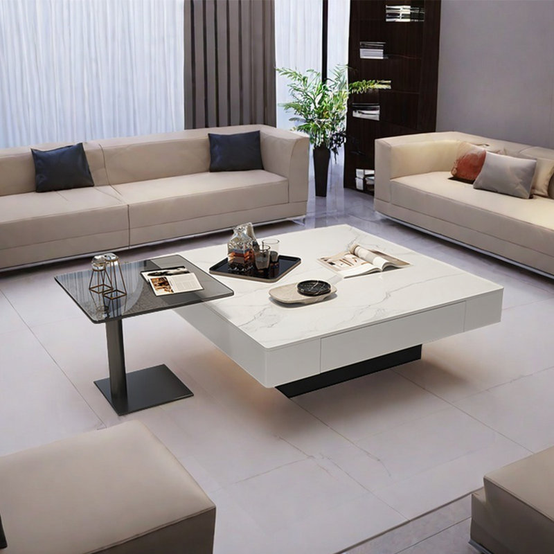 Italian light luxury square stone coffee table, White/Transparent, 11.8'' H X 31.5'' W X 31.5'' D