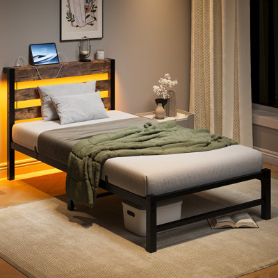 Twin Platform Bed Frame With Headboard, Port, Led, No Box Spring, Strong Metal Slats, Noise-, Under Storage Amplification Size Charging Point, Led Lights, Robust Metal, Advancement