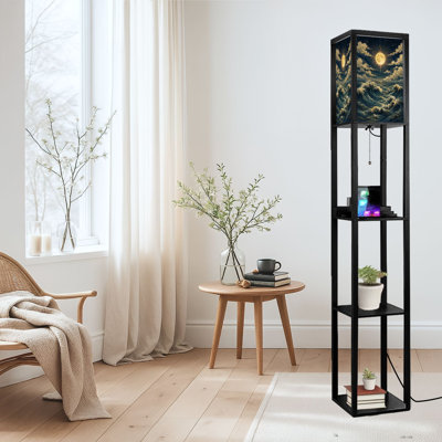 Dimmable LED Standing Floor Lamp Golden Full Moon, MDF Frame Floor Lamp with Remote Control, 3 Color Light, for Living Room Bedroom